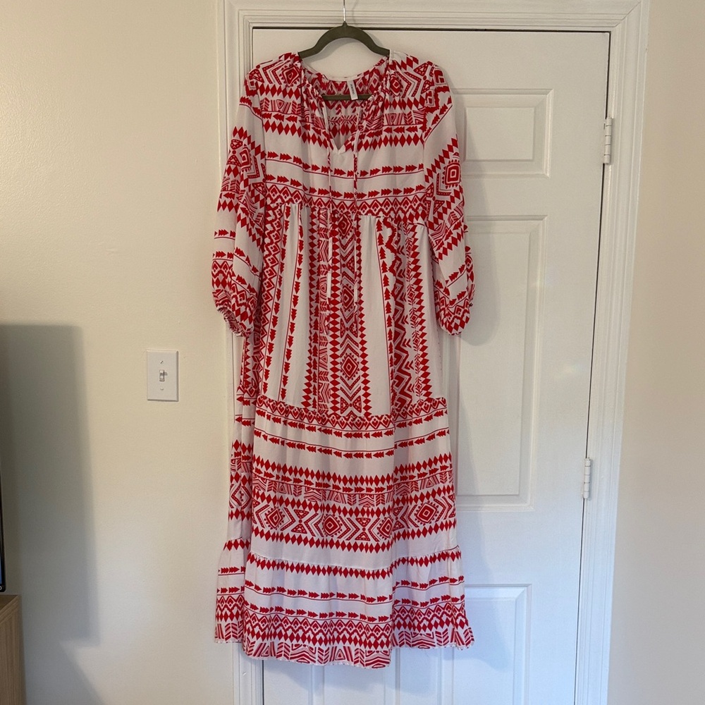 Red and White Patterned Maxi Dress